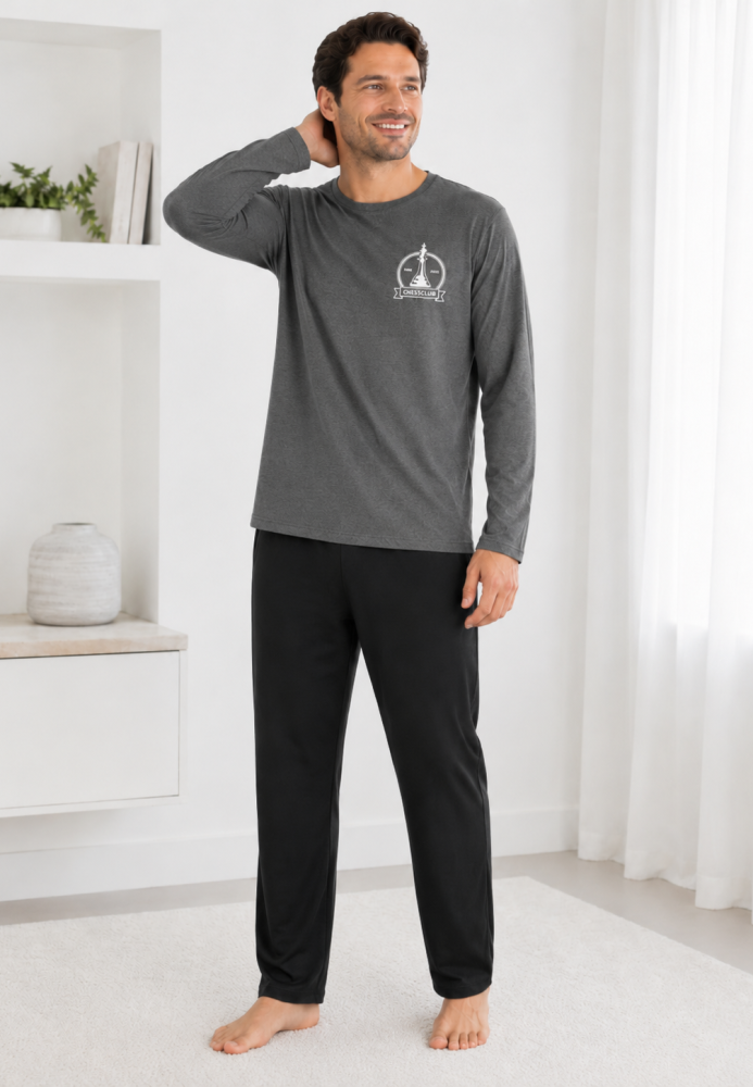 Pijama barbati Serena cu maneca lunga si pantalon lung-Gri ,Engros